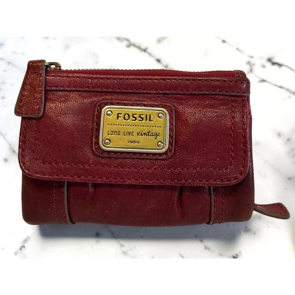 Fossil Wallet Burgundy Leather Bifold  Zip Coin Pocket